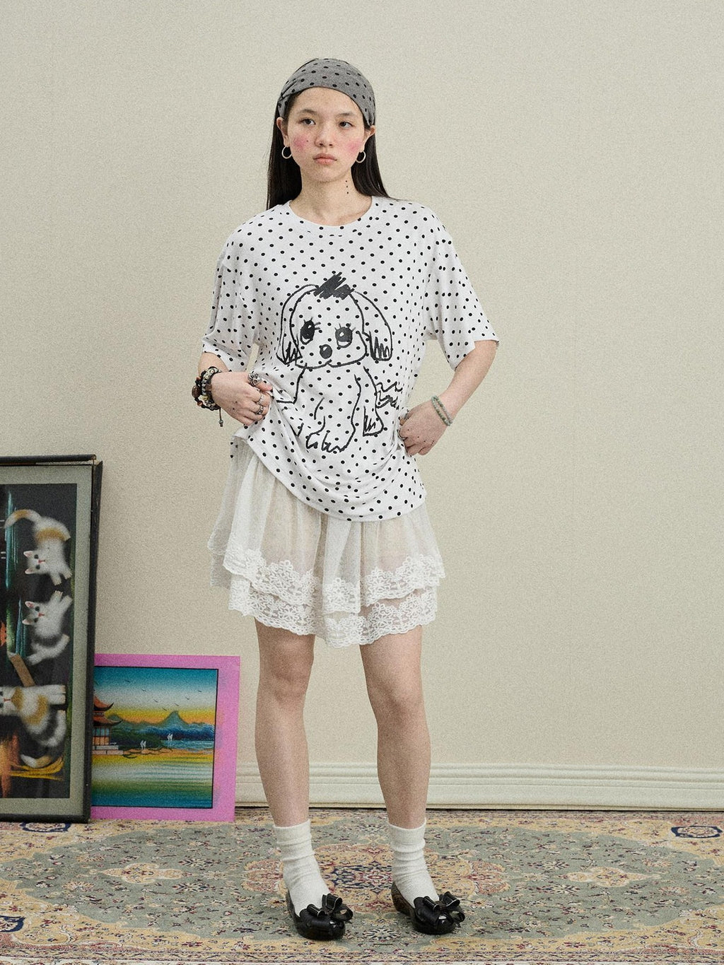 Achihara Polka Dot Printed Loose Fit Women'S Viscose Blend Short Sleeve T-Shirts