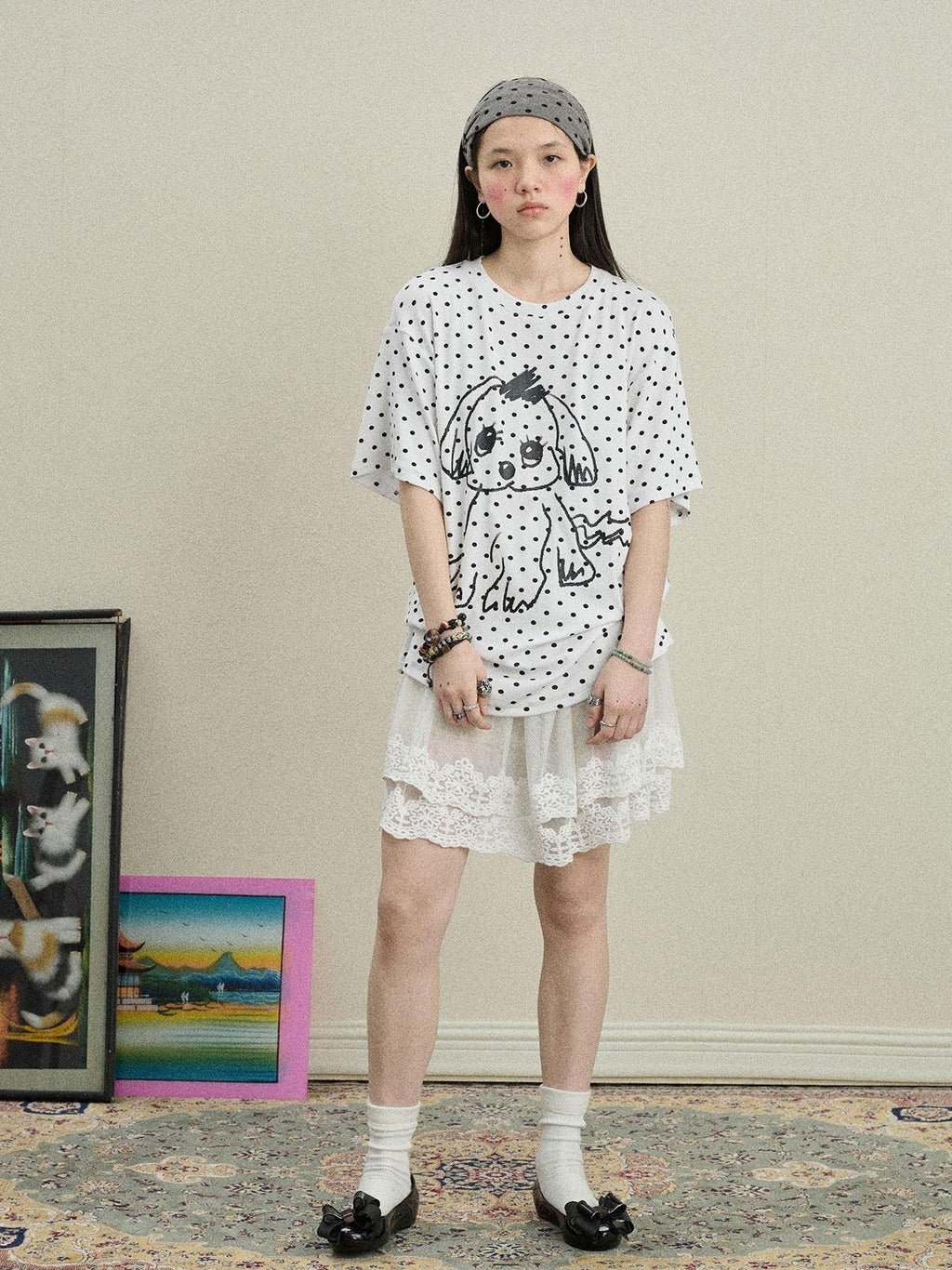 Achihara Polka Dot Printed Loose Fit Women'S Viscose Blend Short Sleeve T-Shirts