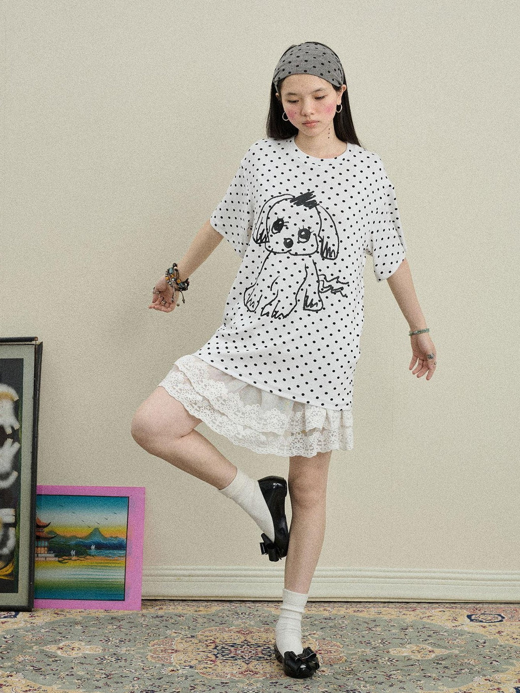 Achihara Polka Dot Printed Loose Fit Women'S Viscose Blend Short Sleeve T-Shirts