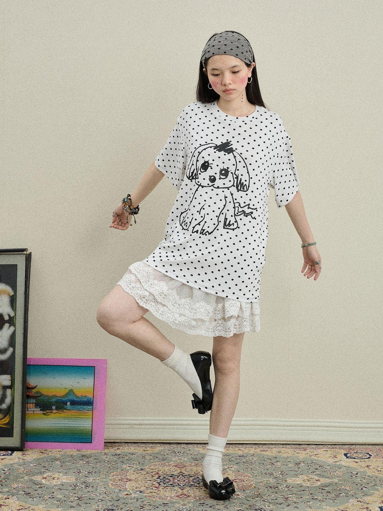 Achihara Polka Dot Printed Loose Fit Women'S Viscose Blend Short Sleeve T-Shirts