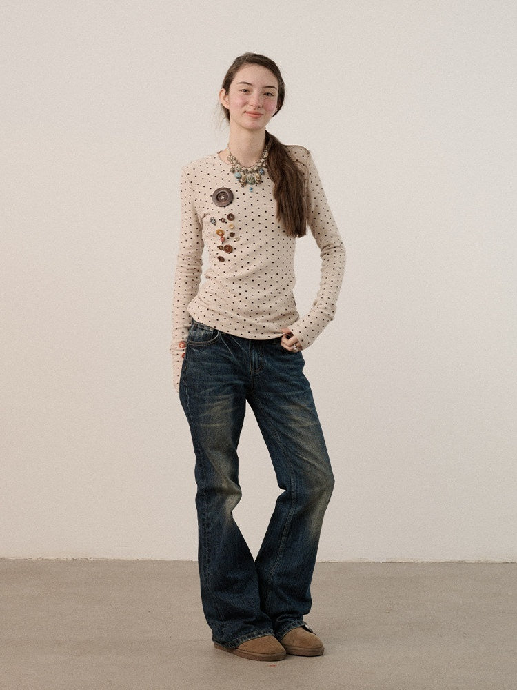 Achihara_Polka_Dot_Round_Neck_Straight_Fit_Women'S_Derong_Fleece_Long_Sleeve_T-Shirts_MISSTT