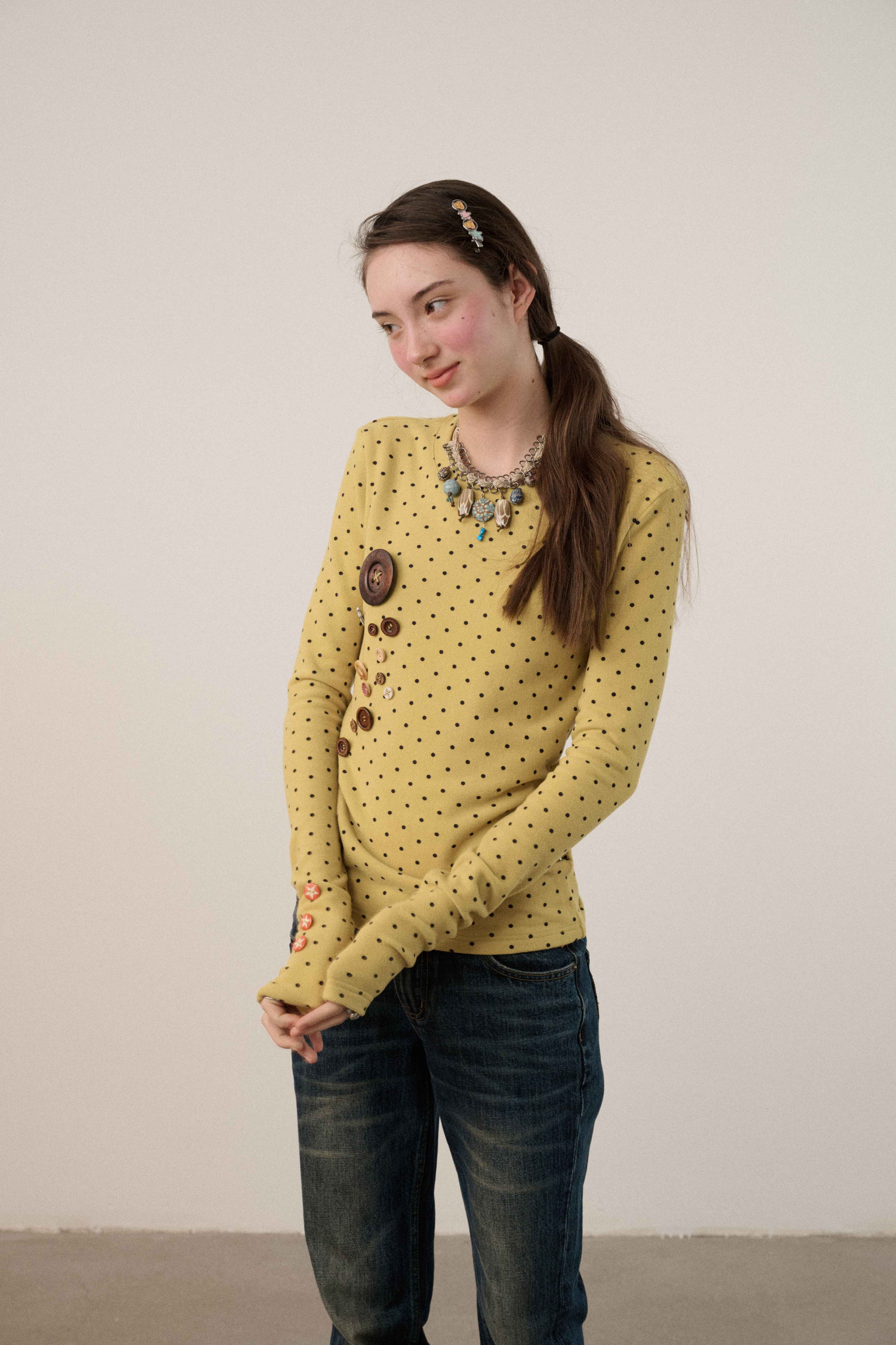 Achihara_Polka_Dot_Round_Neck_Straight_Fit_Women'S_Derong_Fleece_Long_Sleeve_T-Shirts_MISSTT