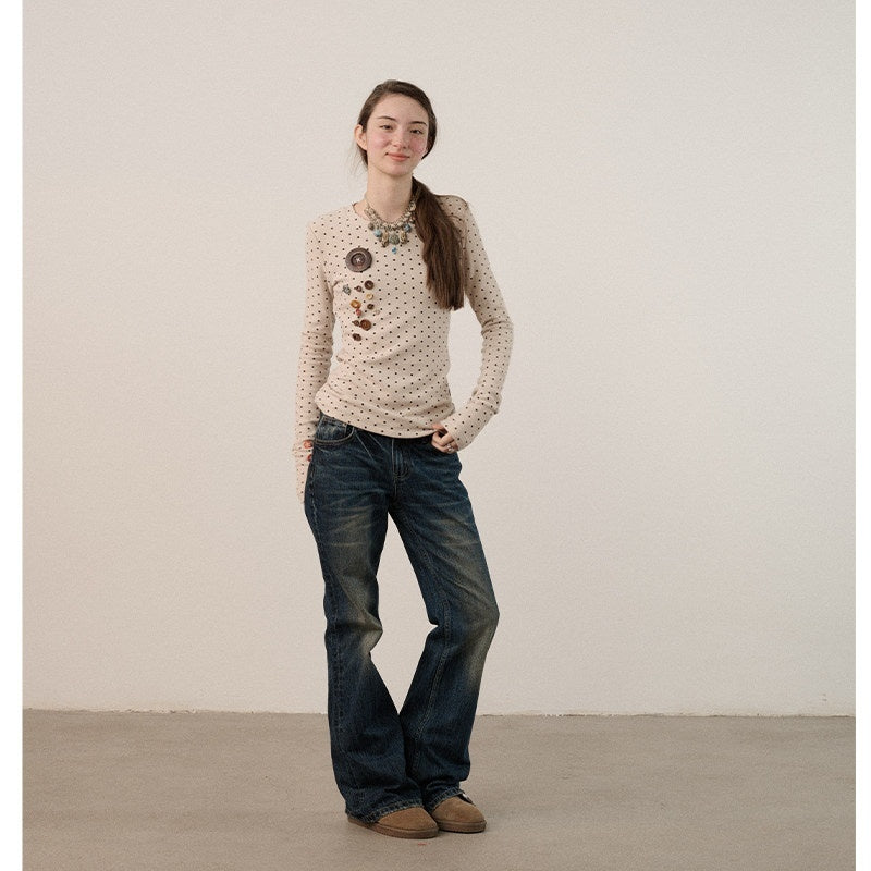 Achihara_Polka_Dot_Round_Neck_Straight_Fit_Women'S_Derong_Fleece_Long_Sleeve_T-Shirts_MISSTT