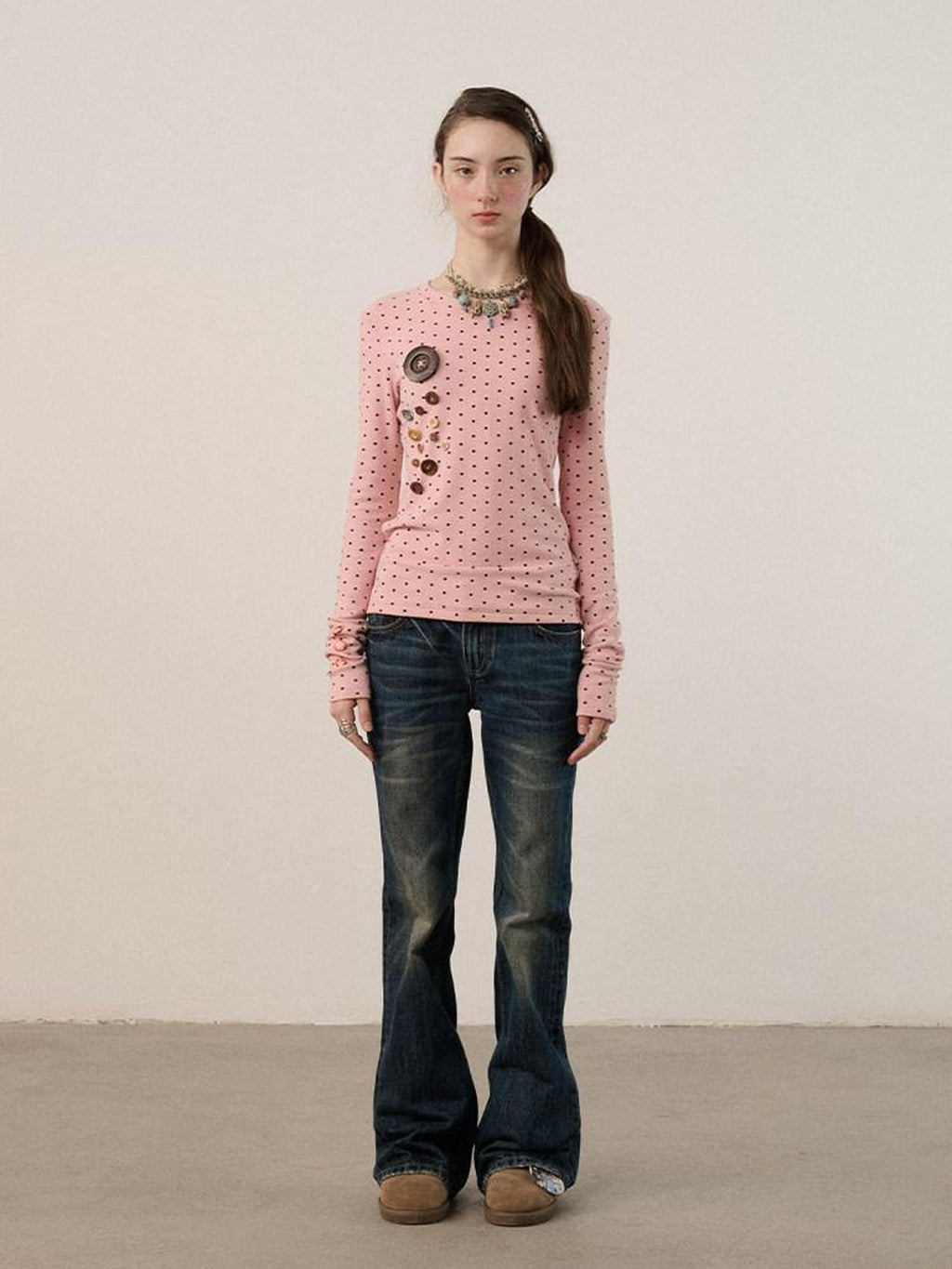 Achihara Polka Dot Round Neck Straight Fit Women'S Derong Fleece Long Sleeve T-Shirts