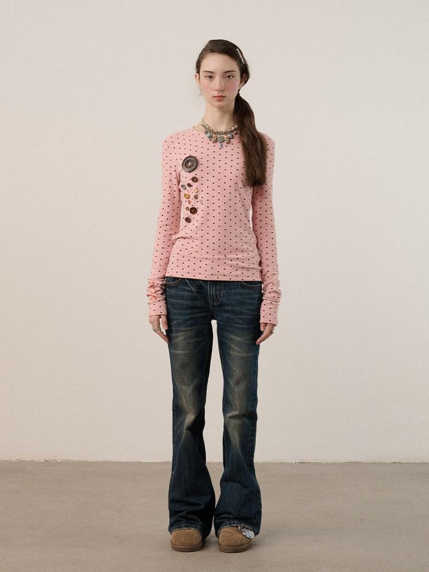 Achihara Polka Dot Round Neck Straight Fit Women'S Derong Fleece Long Sleeve T-Shirts