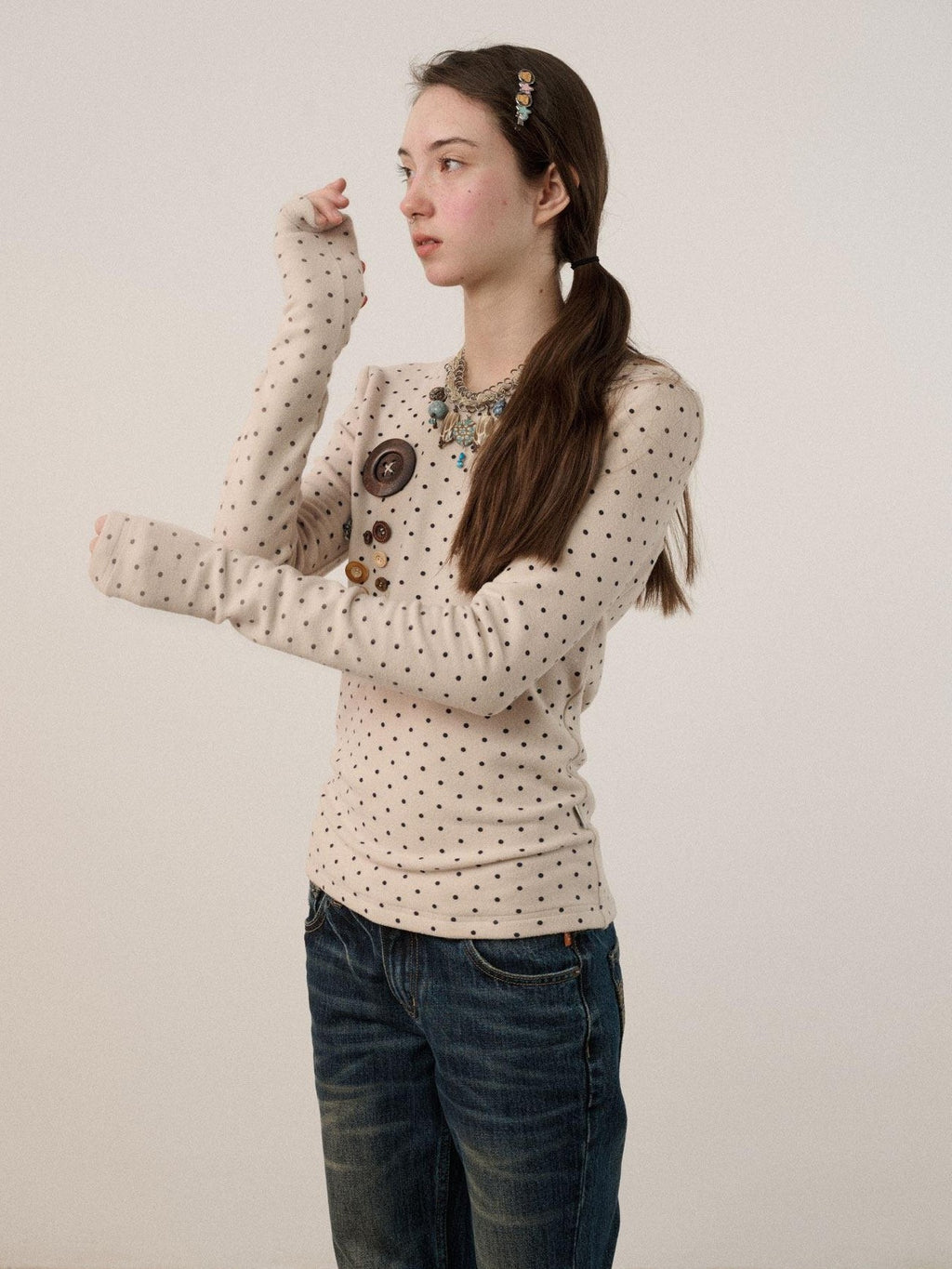 Achihara Polka Dot Round Neck Straight Fit Women'S Derong Fleece Long Sleeve T-Shirts