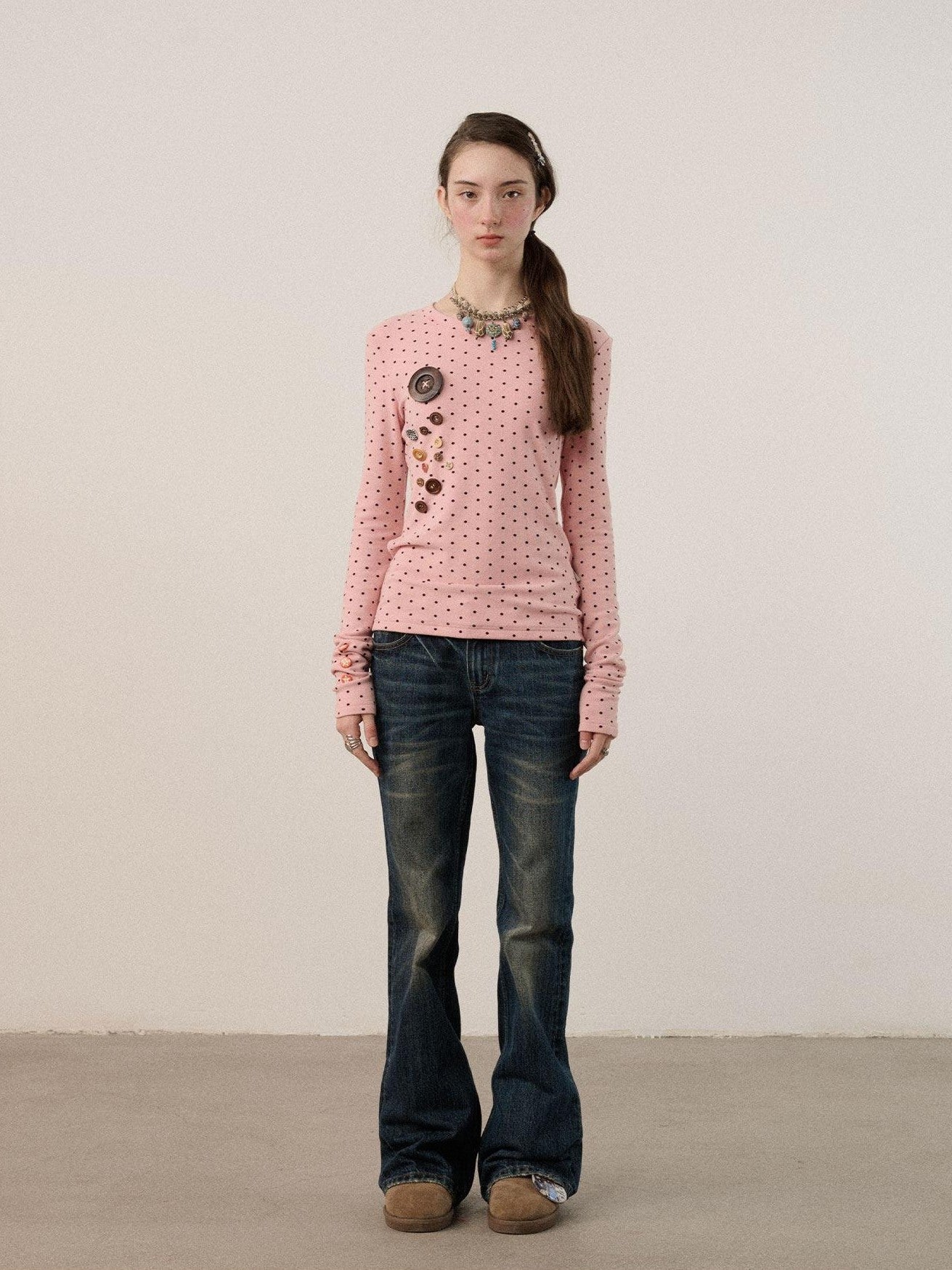 Achihara Polka Dot Round Neck Straight Fit Women'S Derong Fleece Long Sleeve T-Shirts