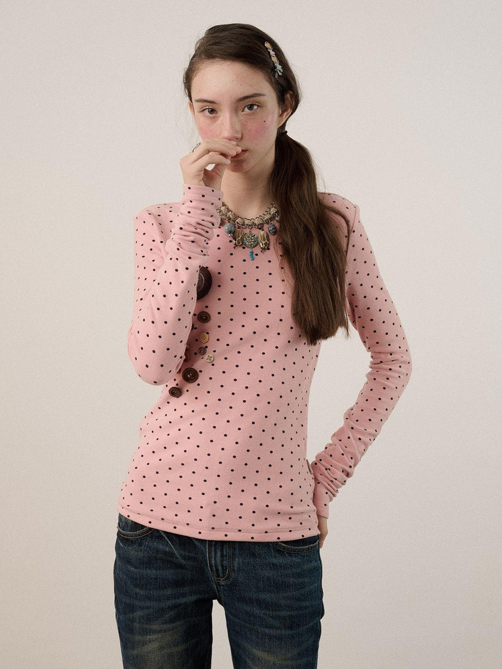Achihara Polka Dot Round Neck Straight Fit Women'S Derong Fleece Long Sleeve T-Shirts