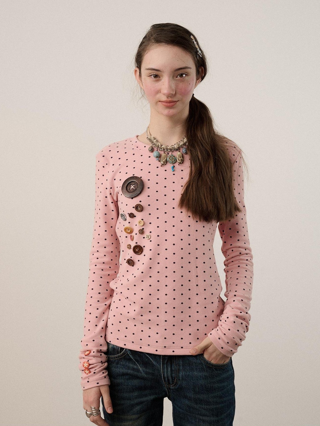 Achihara Polka Dot Round Neck Straight Fit Women'S Derong Fleece Long Sleeve T-Shirts