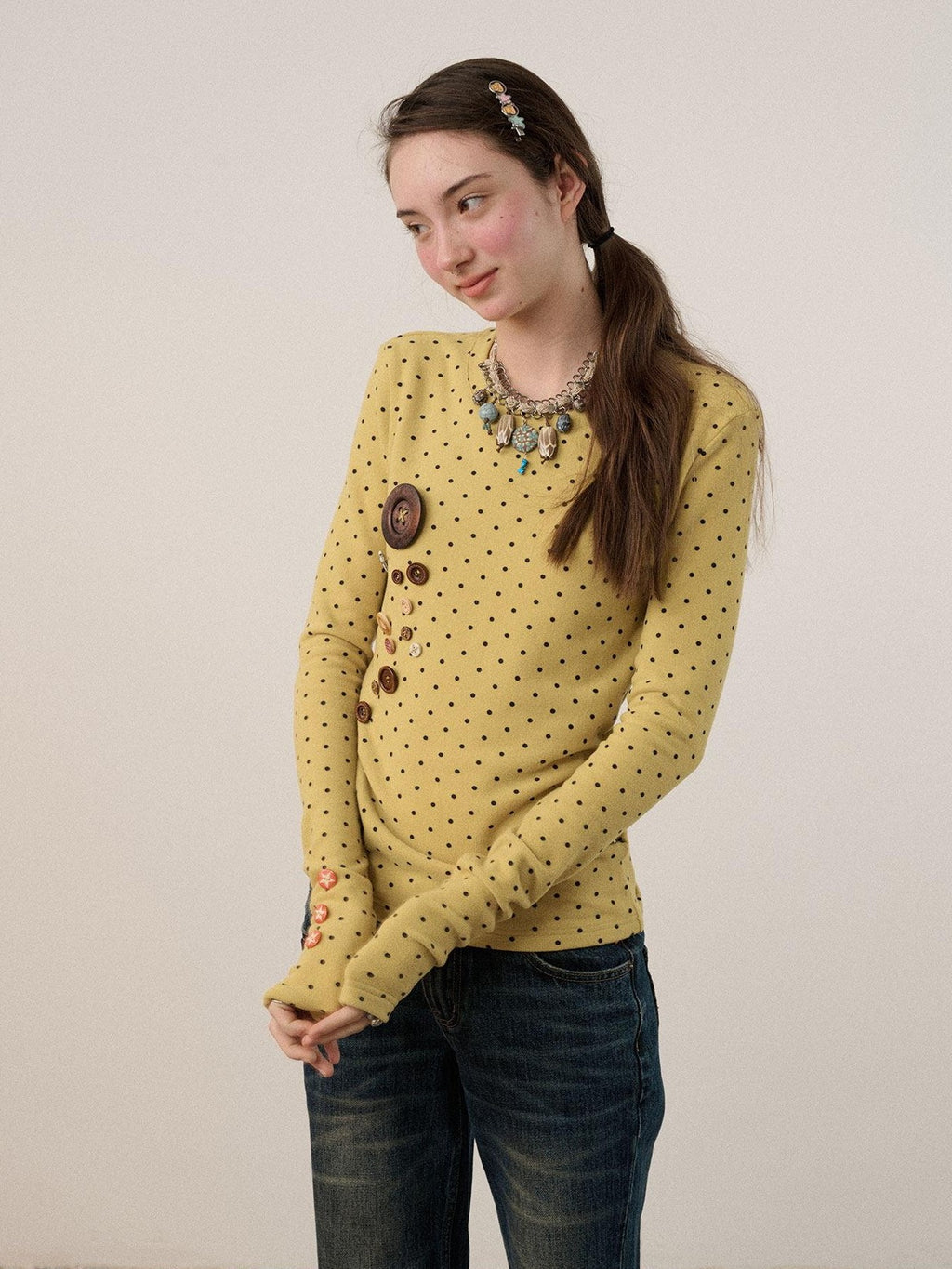 Achihara Polka Dot Round Neck Straight Fit Women'S Derong Fleece Long Sleeve T-Shirts