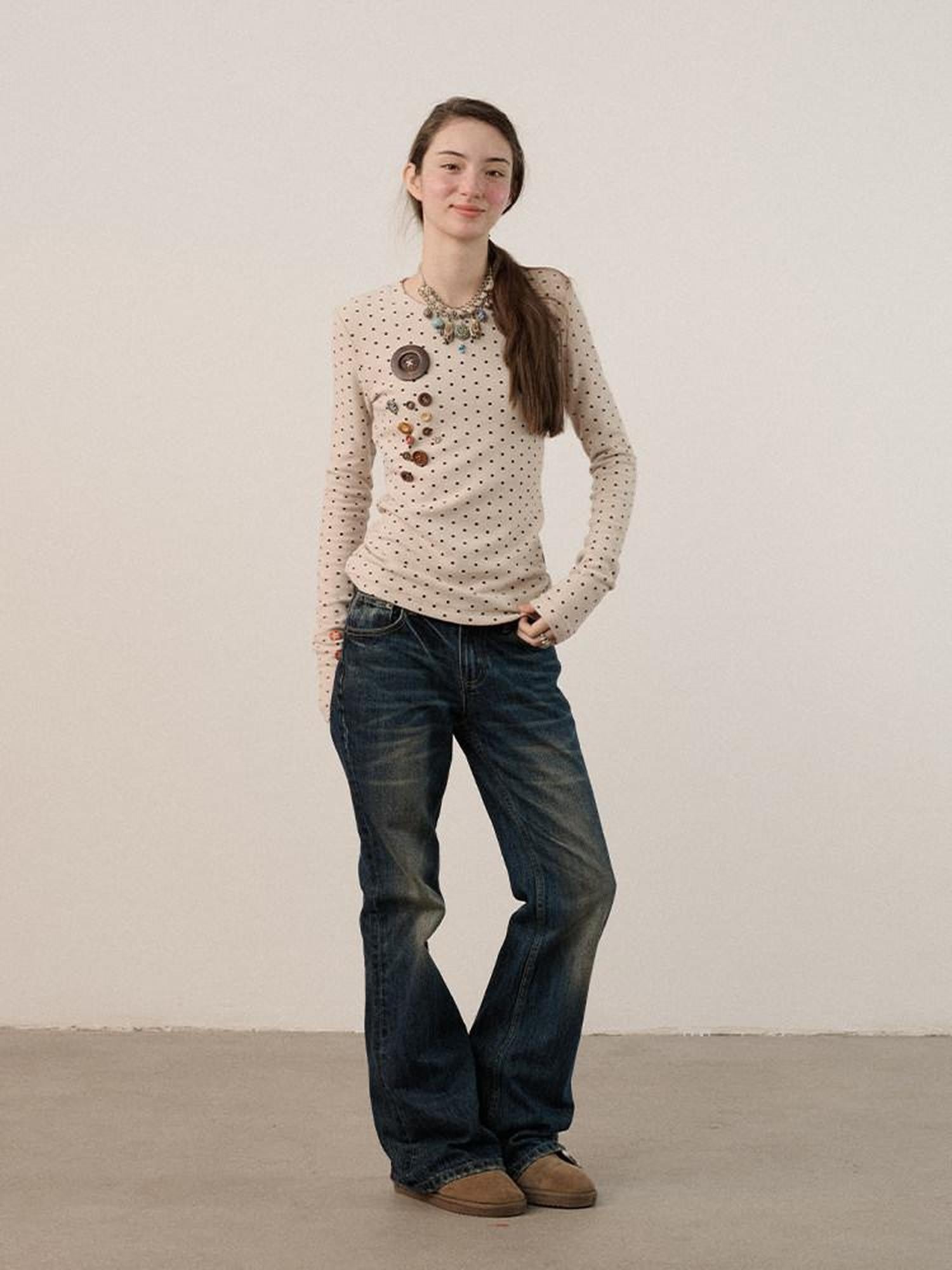 Achihara Polka Dot Round Neck Straight Fit Women'S Derong Fleece Long Sleeve T-Shirts