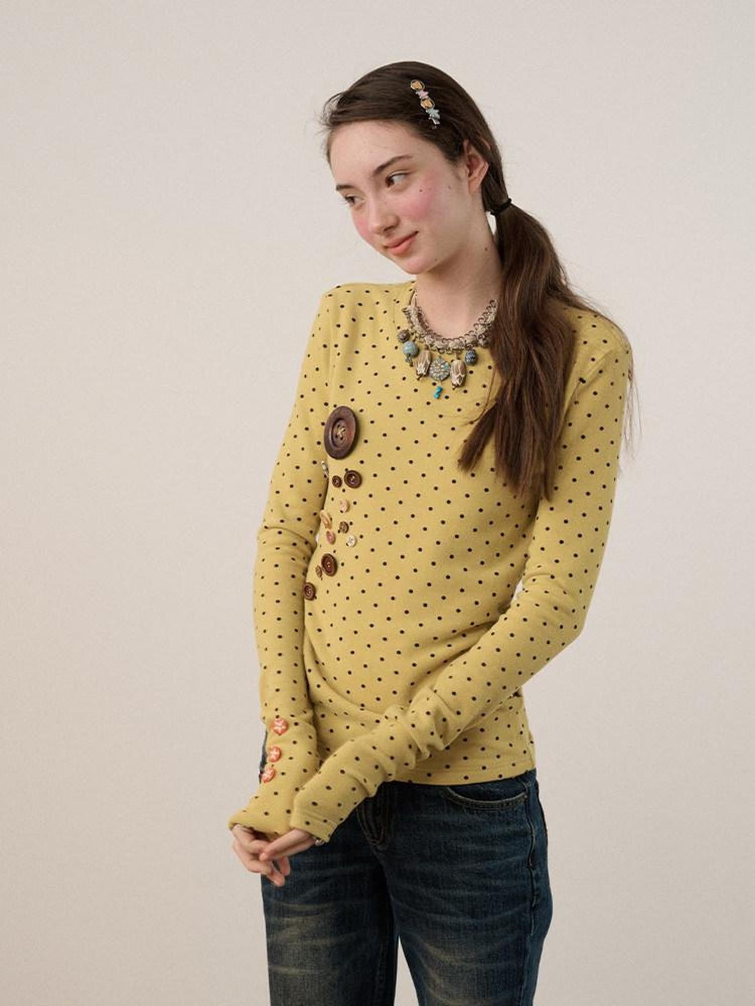 Achihara Polka Dot Round Neck Straight Fit Women'S Derong Fleece Long Sleeve T-Shirts