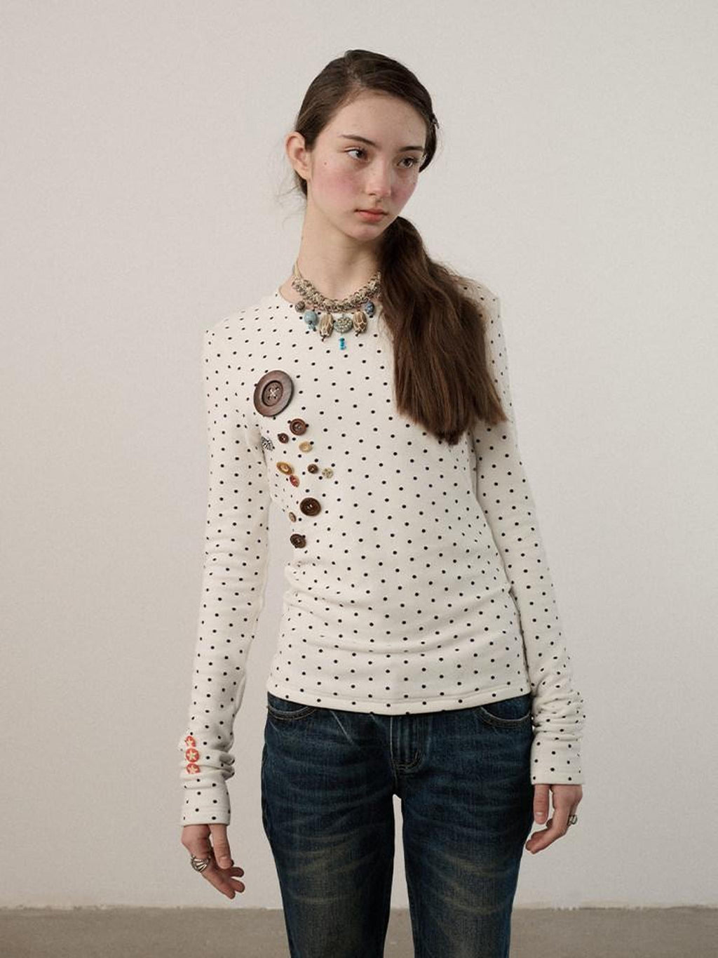 Achihara Polka Dot Round Neck Straight Fit Women'S Derong Fleece Long Sleeve T-Shirts