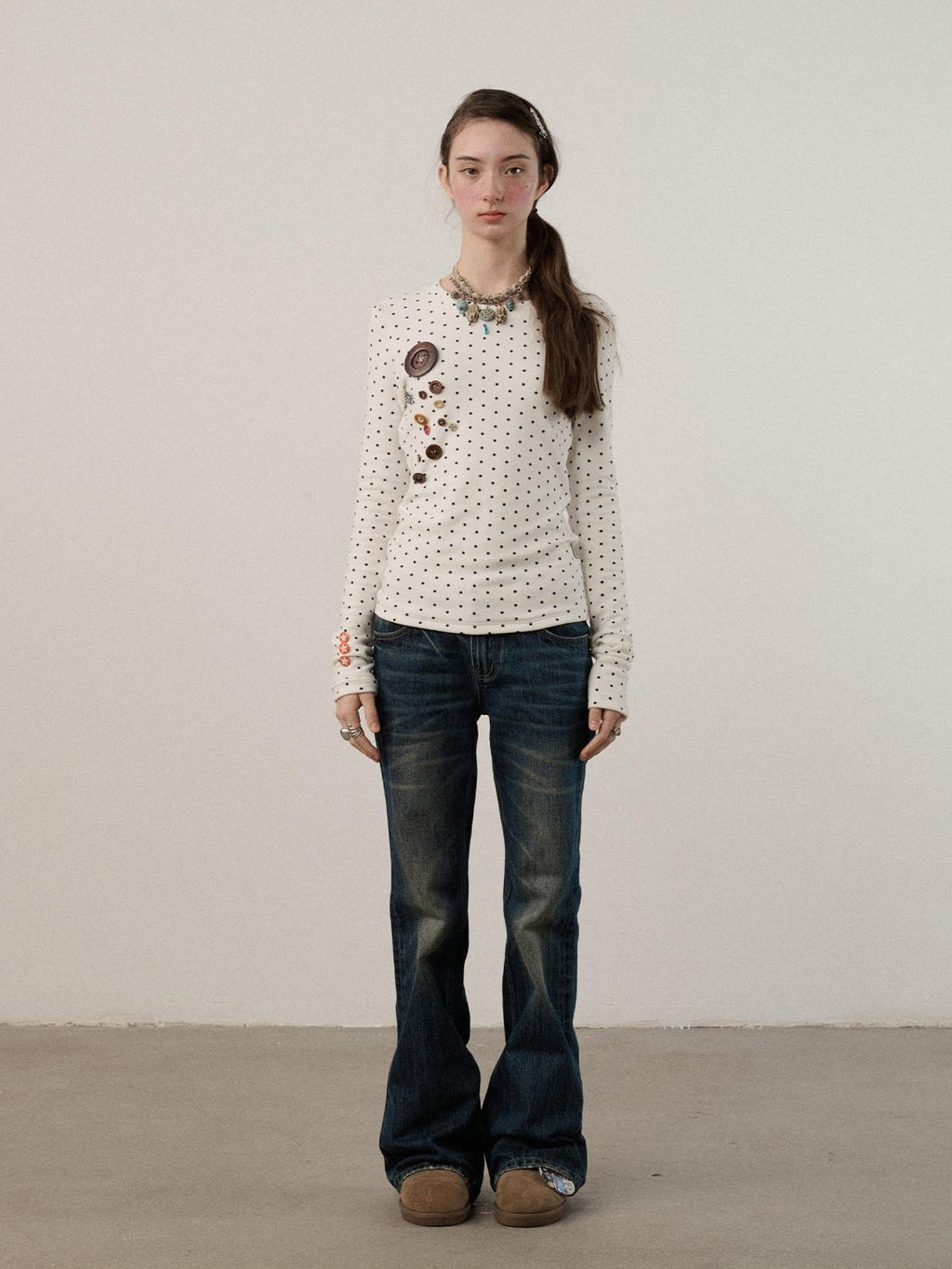 Achihara Polka Dot Round Neck Straight Fit Women'S Derong Fleece Long Sleeve T-Shirts
