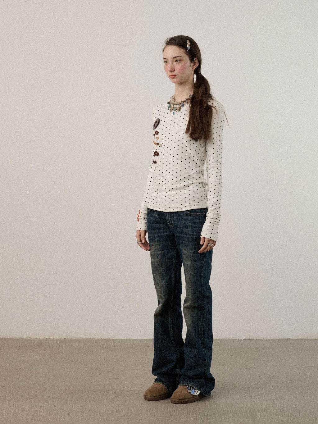 Achihara Polka Dot Round Neck Straight Fit Women'S Derong Fleece Long Sleeve T-Shirts