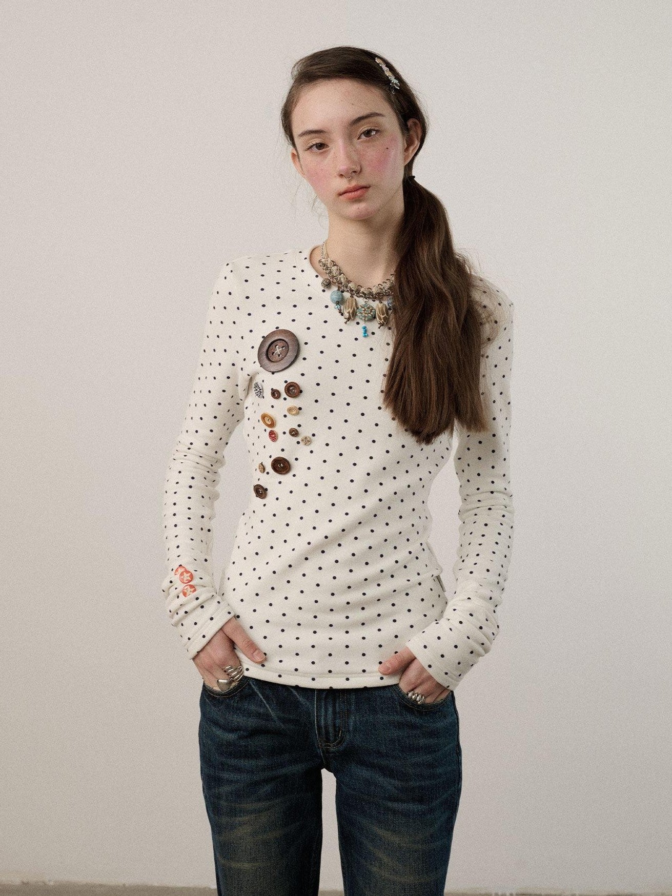 Achihara Polka Dot Round Neck Straight Fit Women'S Derong Fleece Long Sleeve T-Shirts