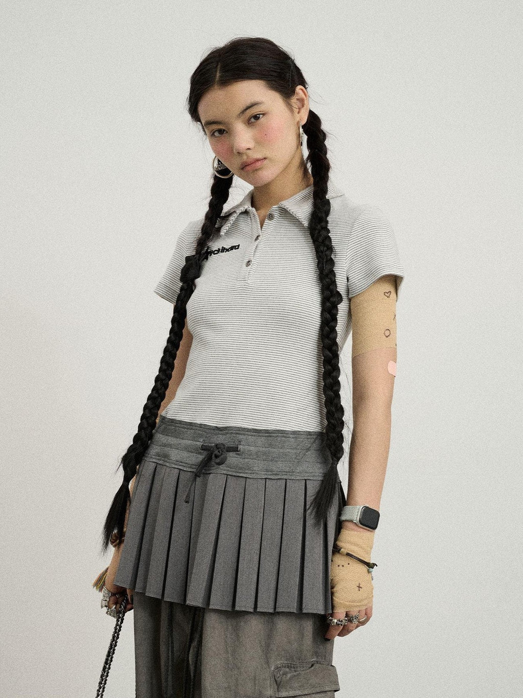 Achihara Polo Collar Pleated High Waist Faux Two Piece Women'S Cotton Shirt Mini Dresses
