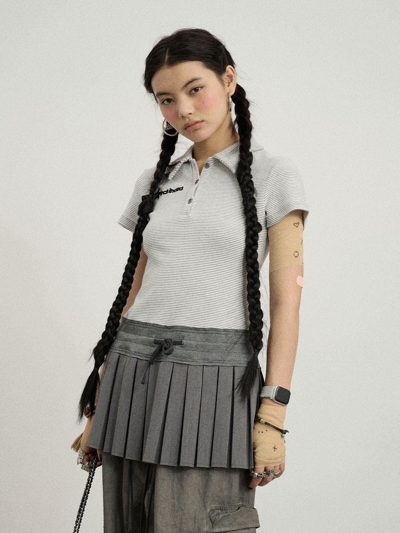 Achihara Polo Collar Pleated High Waist Faux Two Piece Women'S Cotton Shirt Mini Dresses