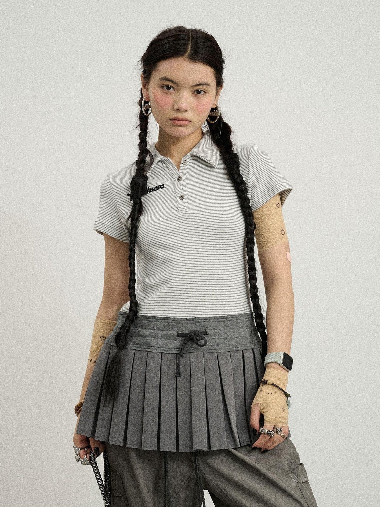 Achihara Polo Collar Pleated High Waist Faux Two Piece Women'S Cotton Shirt Mini Dresses