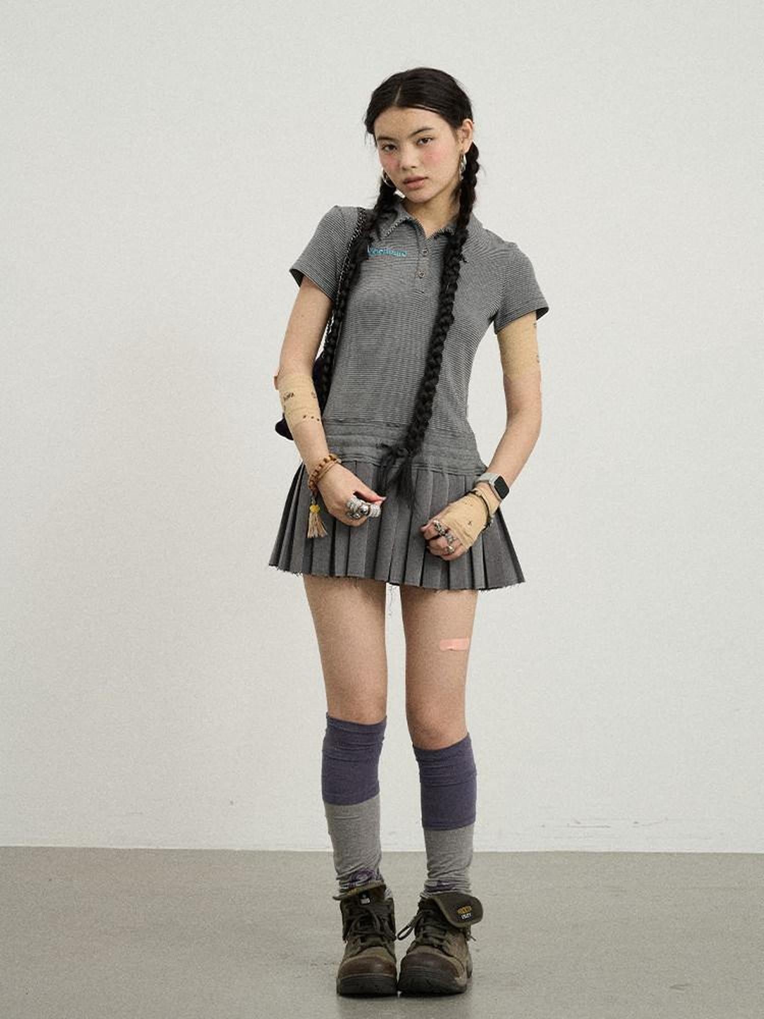 Achihara Polo Collar Pleated High Waist Faux Two Piece Women'S Cotton Shirt Mini Dresses