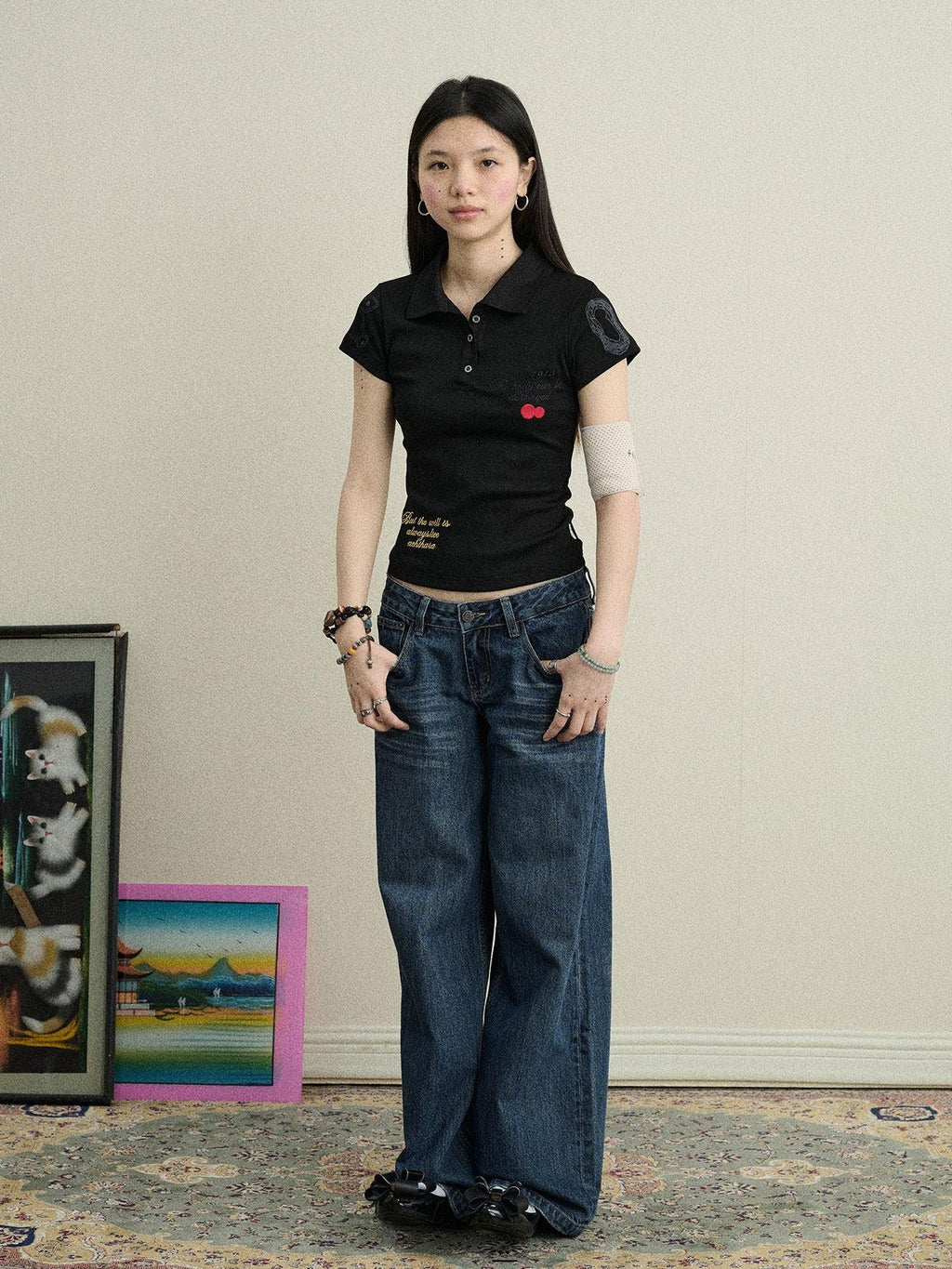 Achihara Polo Embroidered Henley Slim Women'S Cotton Blend Short Sleeve T-Shirts