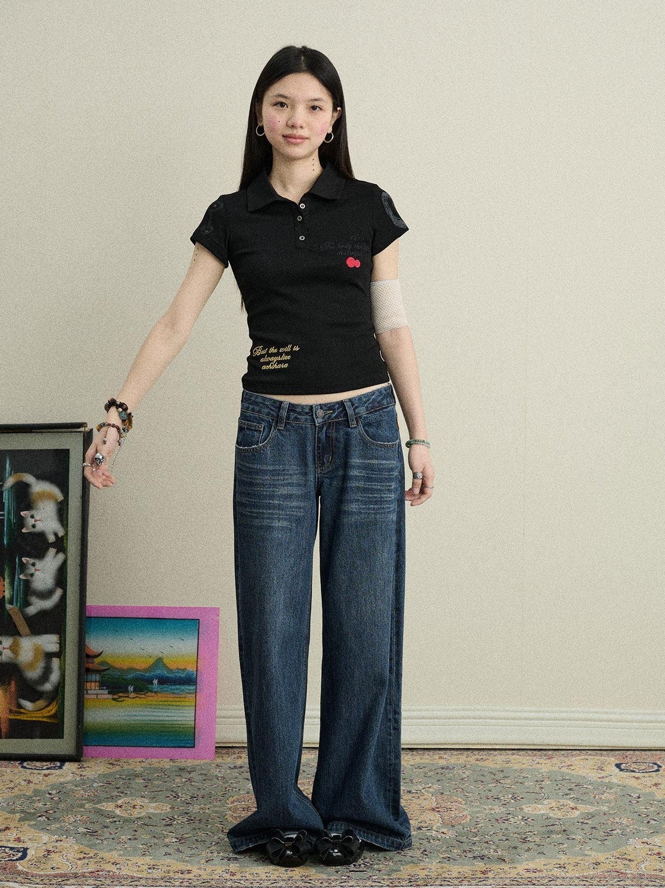 Achihara Polo Embroidered Henley Slim Women'S Cotton Blend Short Sleeve T-Shirts