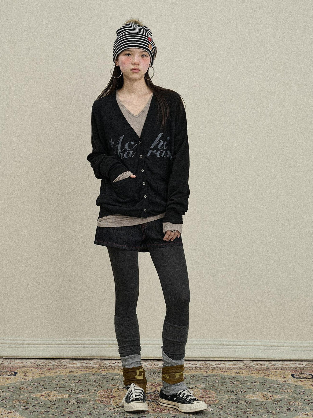 Achihara Printed V-neck Loose Button Front Plain Knit Women'S Cotton Blend Cardigans
