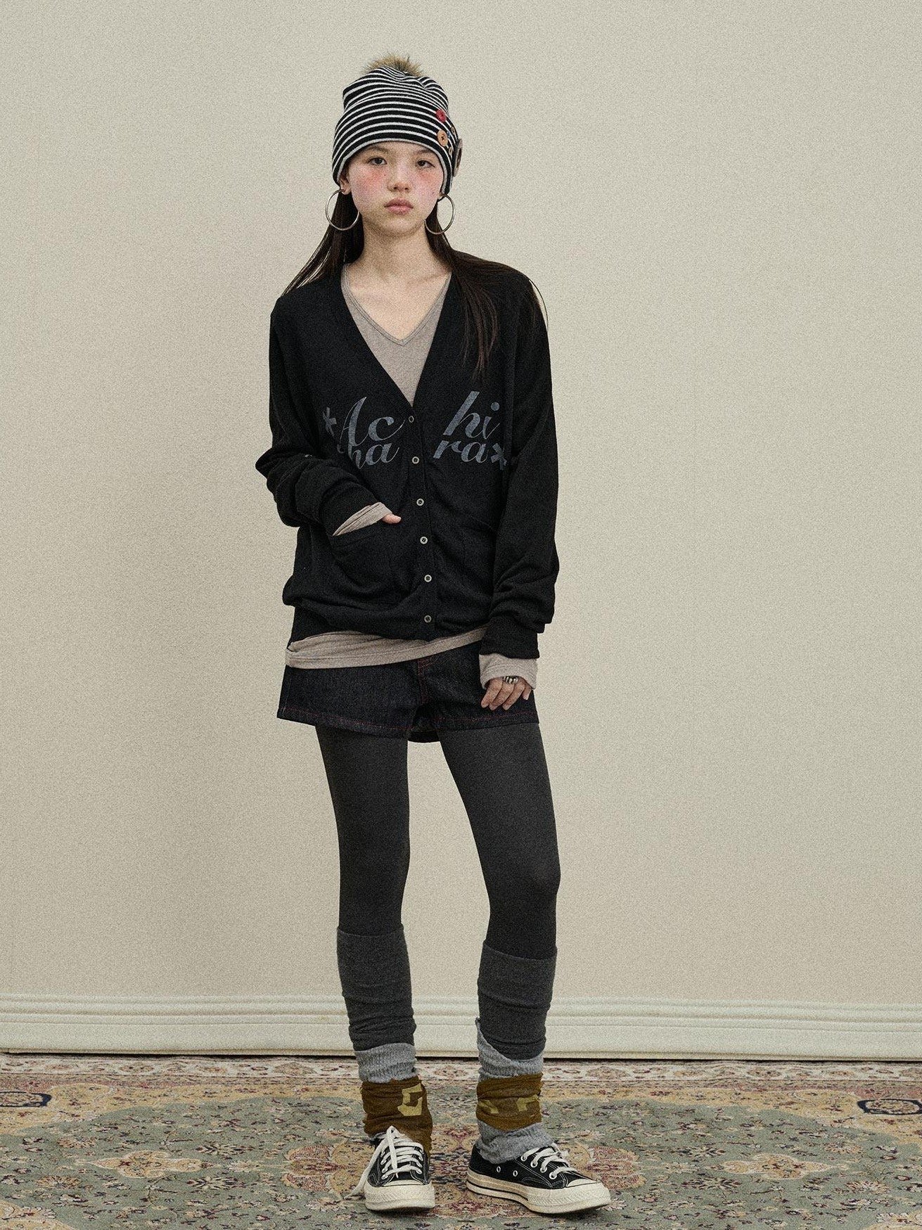 Achihara Printed V-neck Loose Button Front Plain Knit Women'S Cotton Blend Cardigans
