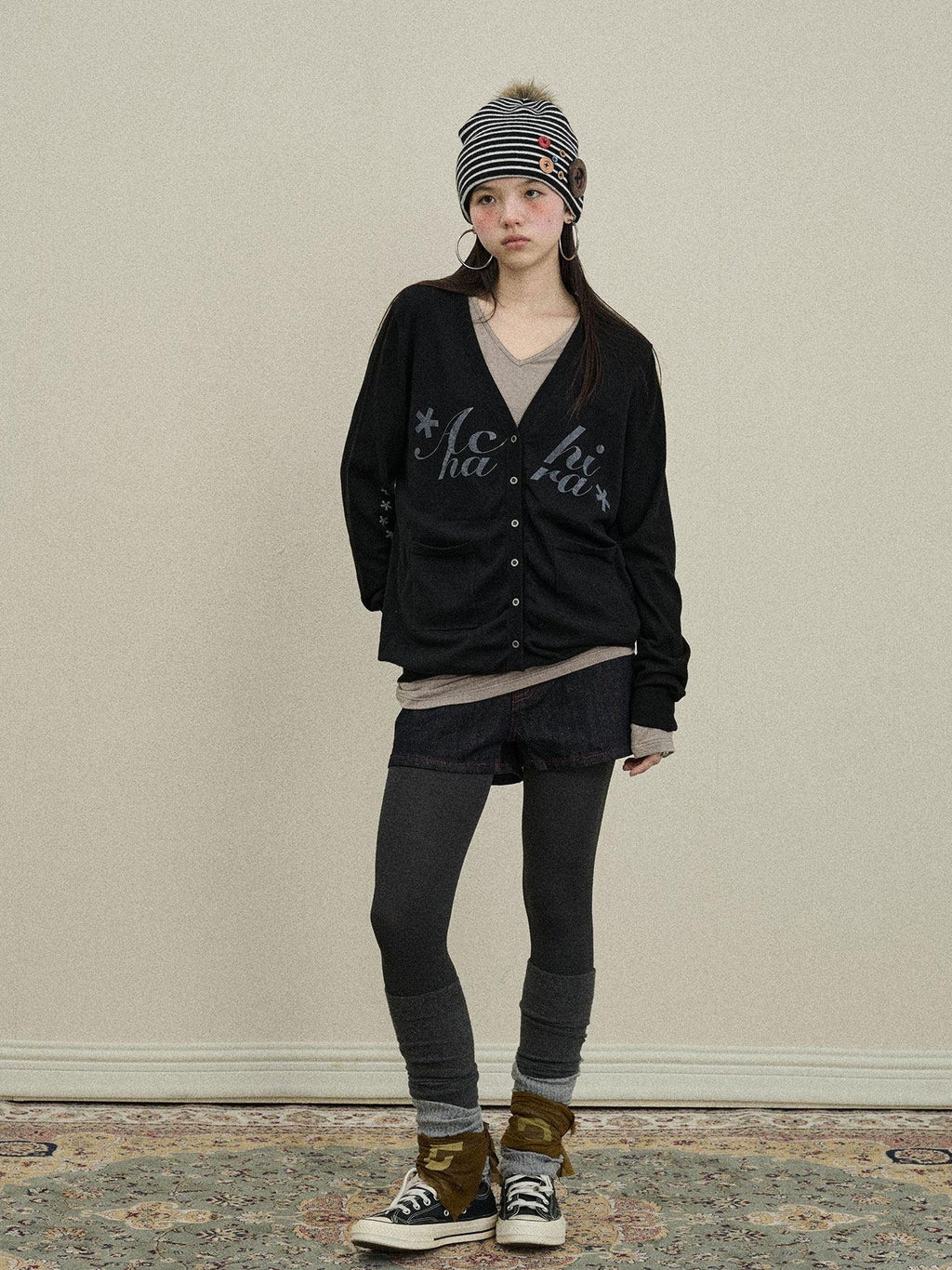 Achihara Printed V-neck Loose Button Front Plain Knit Women'S Cotton Blend Cardigans