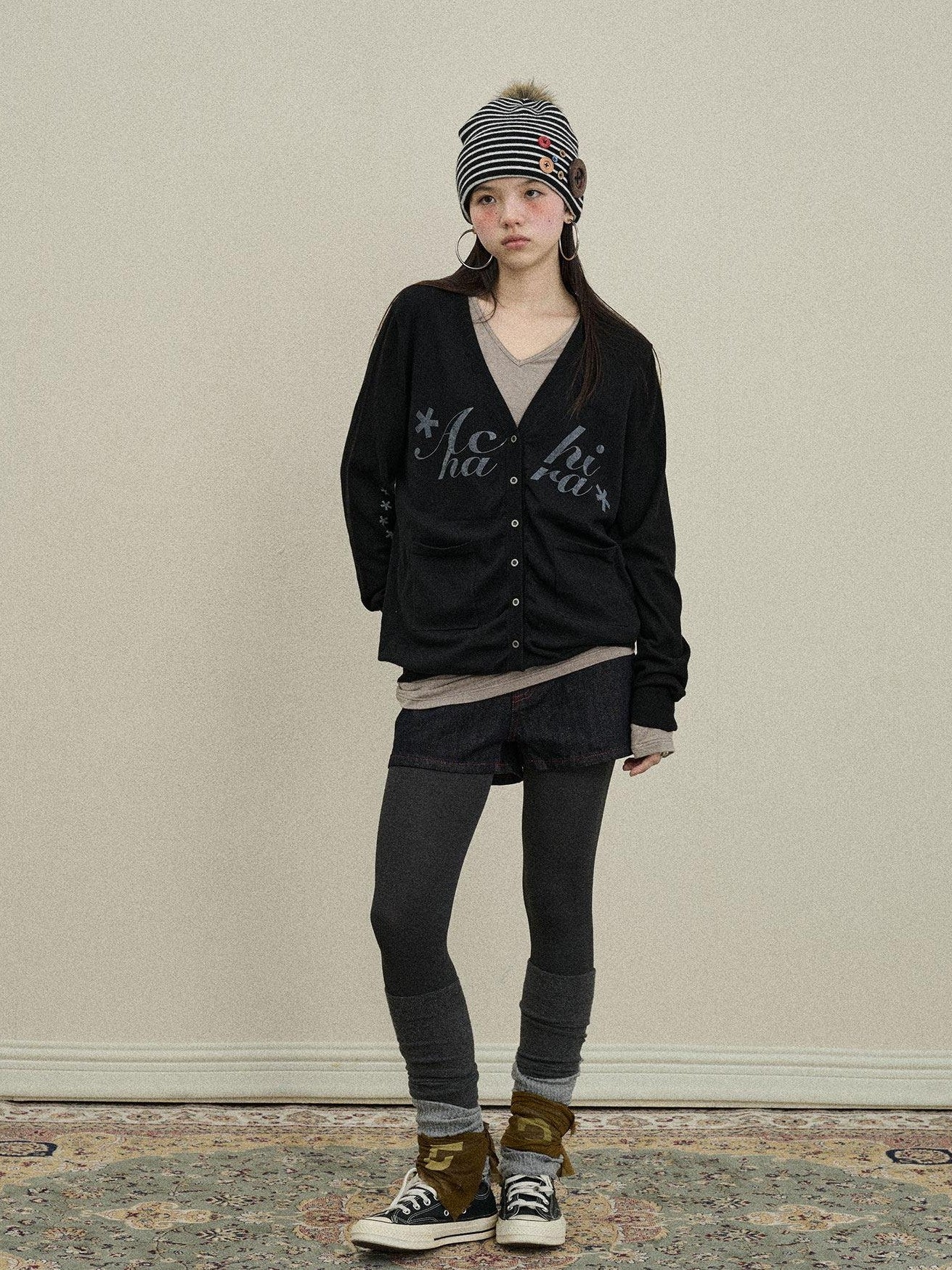 Achihara Printed V-neck Loose Button Front Plain Knit Women'S Cotton Blend Cardigans