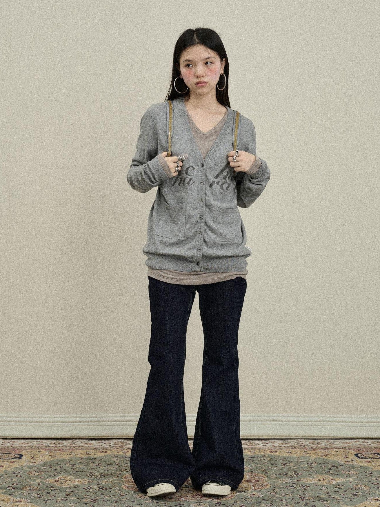 Achihara Printed V-neck Loose Button Front Plain Knit Women'S Cotton Blend Cardigans
