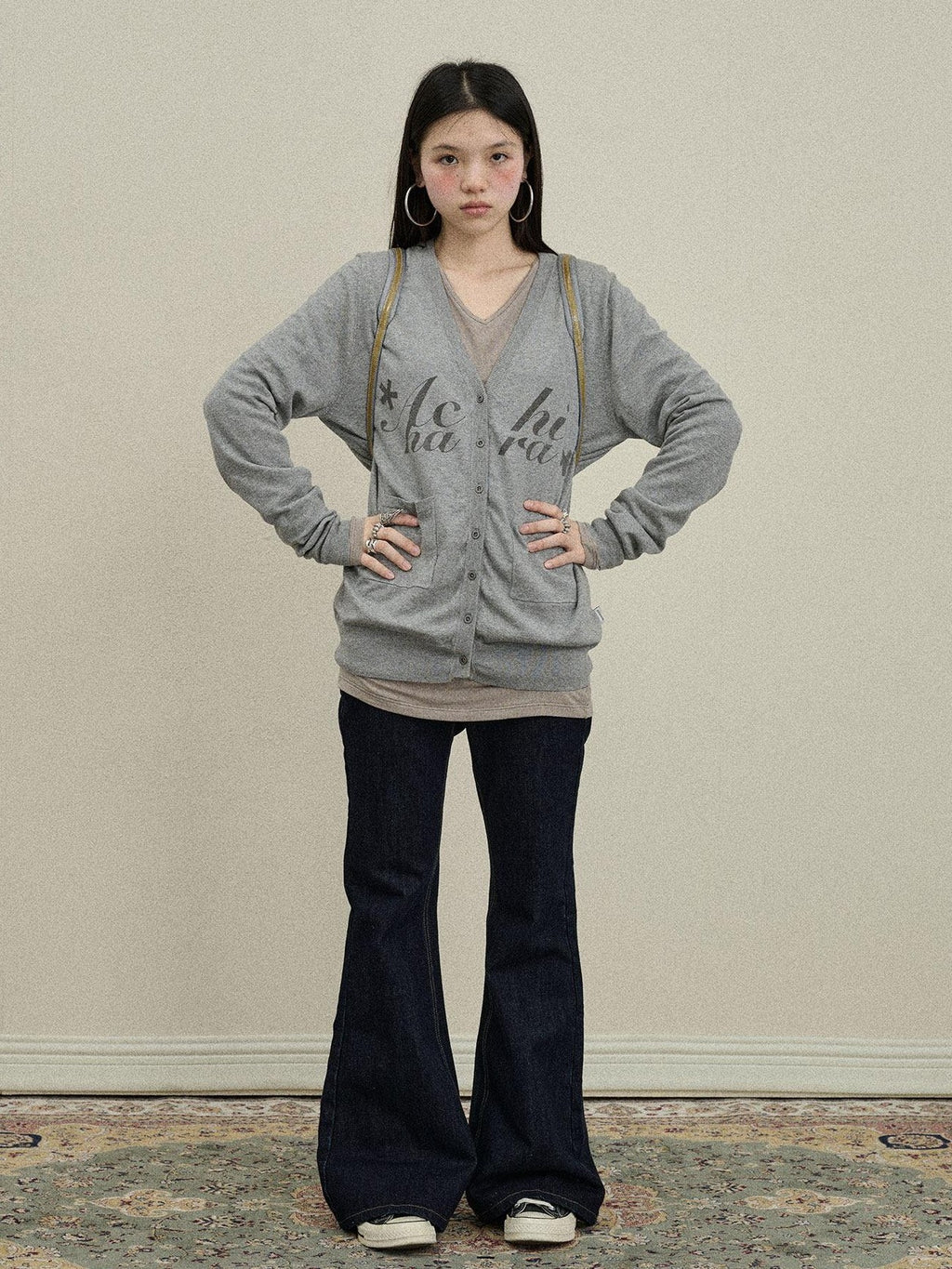 Achihara Printed V-neck Loose Button Front Plain Knit Women'S Cotton Blend Cardigans