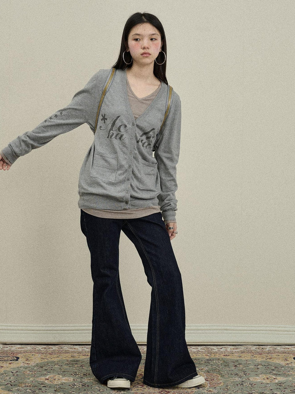 Achihara Printed V-neck Loose Button Front Plain Knit Women'S Cotton Blend Cardigans