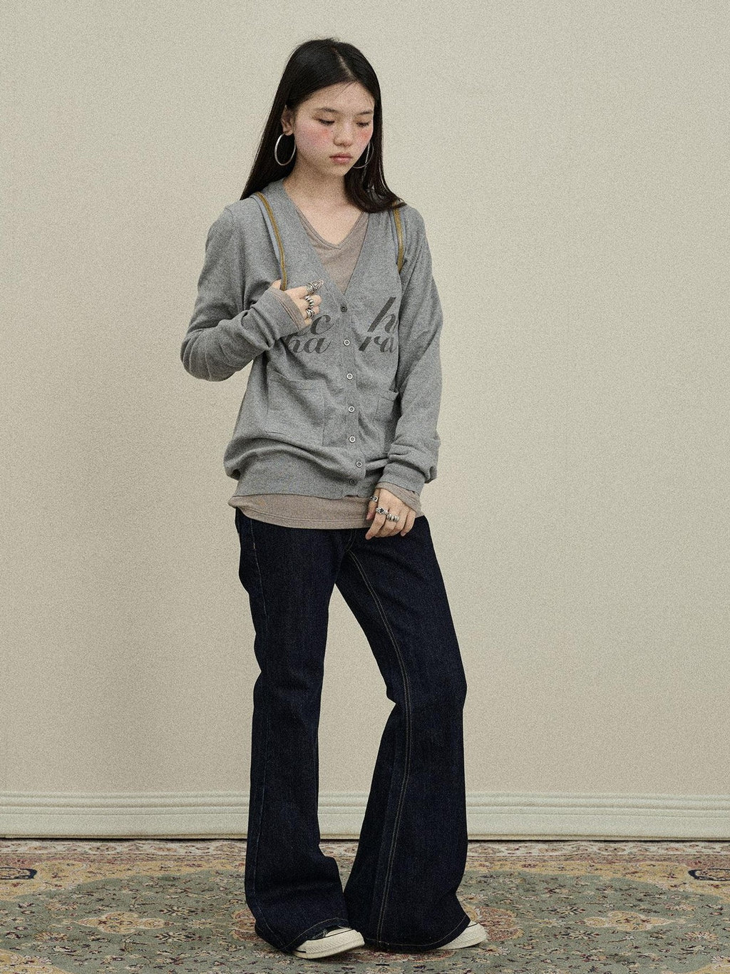 Achihara Printed V-neck Loose Button Front Plain Knit Women'S Cotton Blend Cardigans