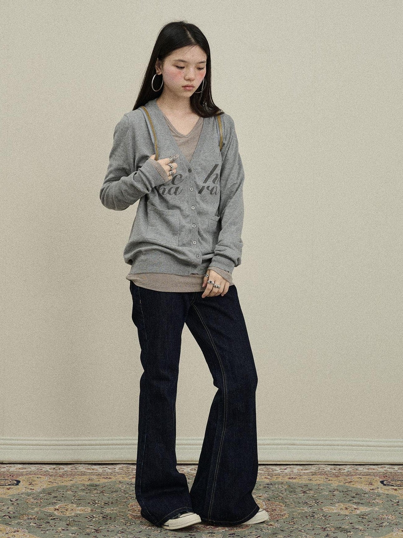 Achihara Printed V-neck Loose Button Front Plain Knit Women'S Cotton Blend Cardigans