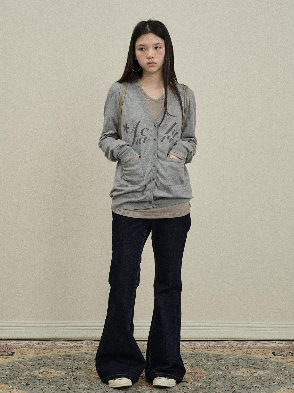 Achihara Printed V-neck Loose Button Front Plain Knit Women'S Cotton Blend Cardigans