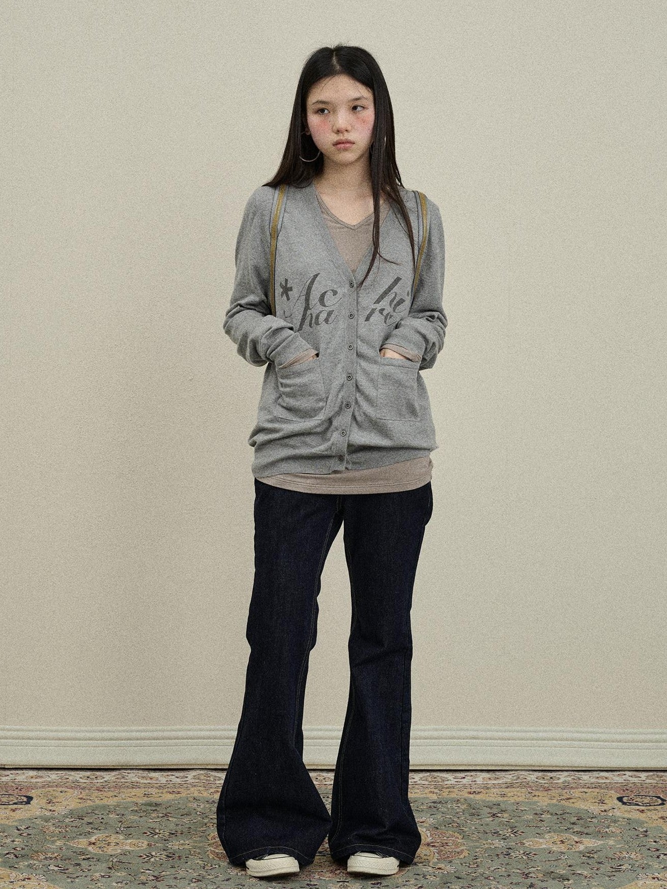 Achihara Printed V-neck Loose Button Front Plain Knit Women'S Cotton Blend Cardigans