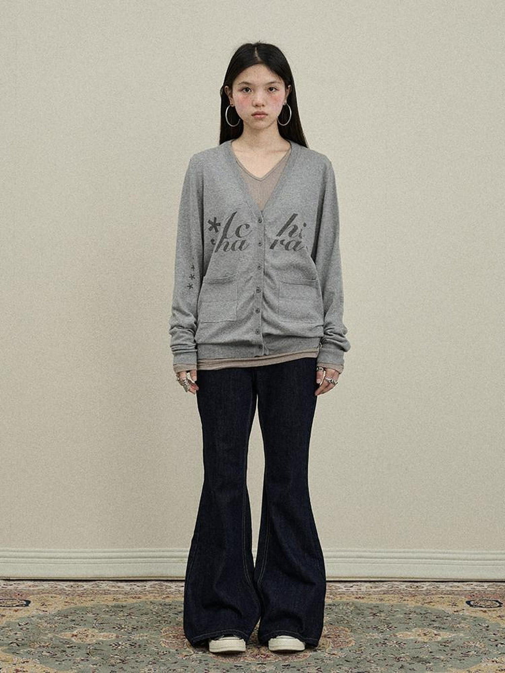Achihara Printed V-neck Loose Button Front Plain Knit Women'S Cotton Blend Cardigans
