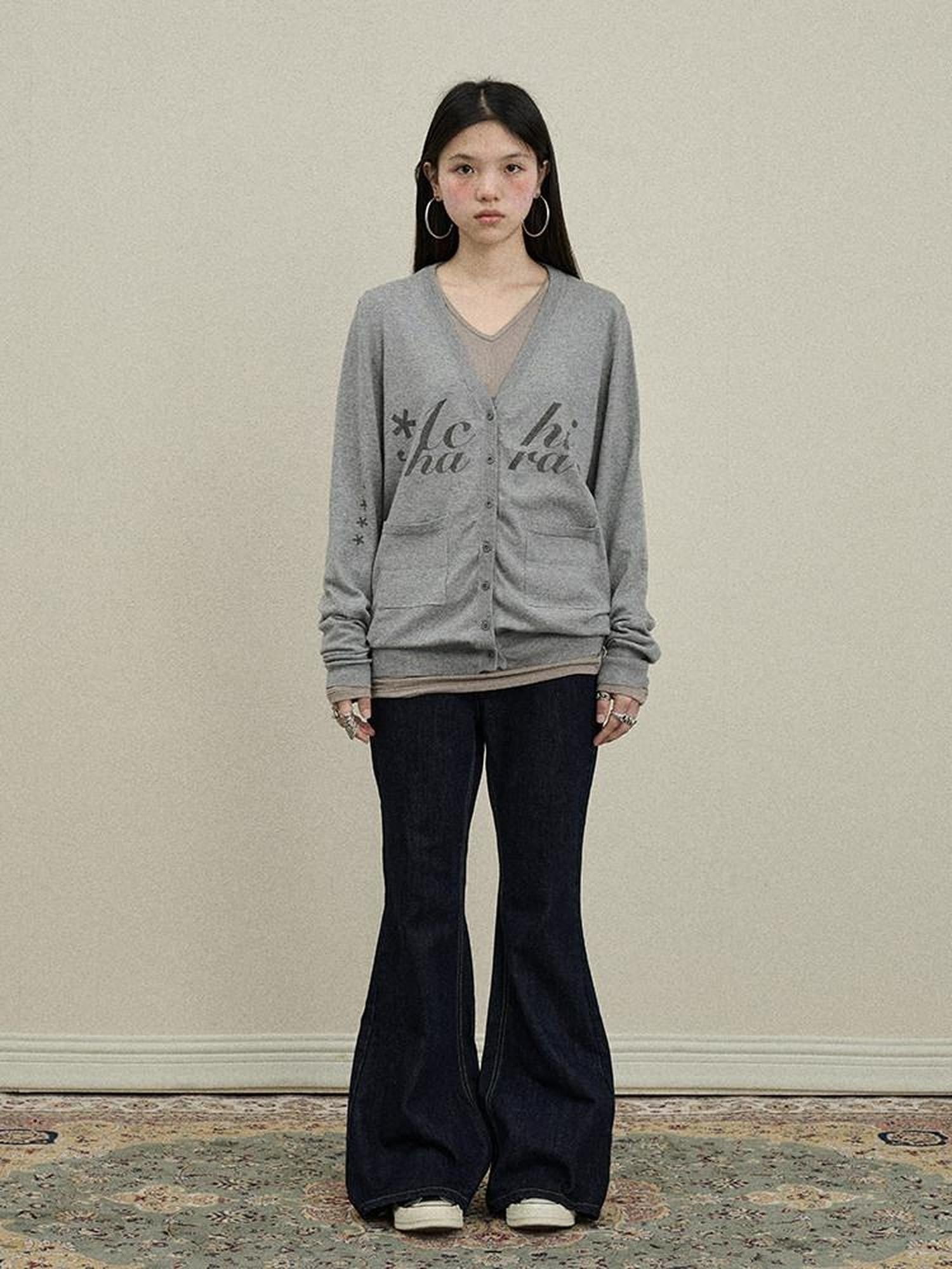 Achihara Printed V-neck Loose Button Front Plain Knit Women'S Cotton Blend Cardigans