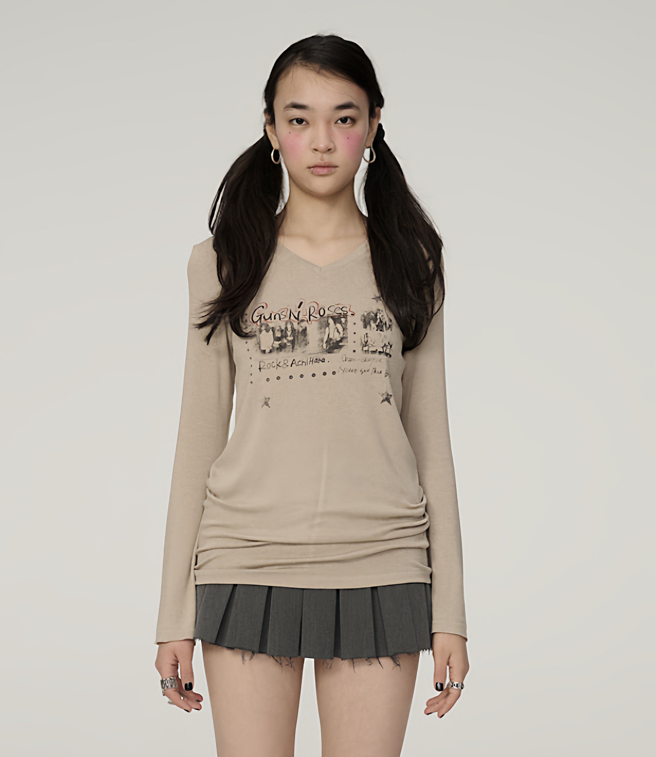 Achihara_Printed_V-neck_Micro_Flare_Straight_Women'S_Viscose_Blend_Long_Sleeve_T-Shirts_MISSTT