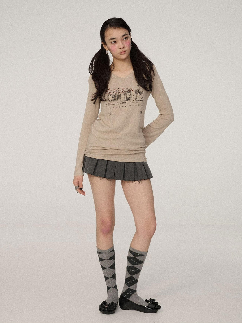 Achihara Printed V-neck Micro Flare Straight Women'S Viscose Blend Long Sleeve T-Shirts