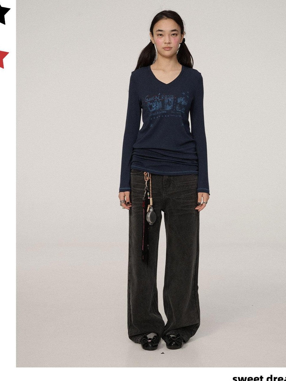 Achihara Printed V-neck Micro Flare Straight Women'S Viscose Blend Long Sleeve T-Shirts