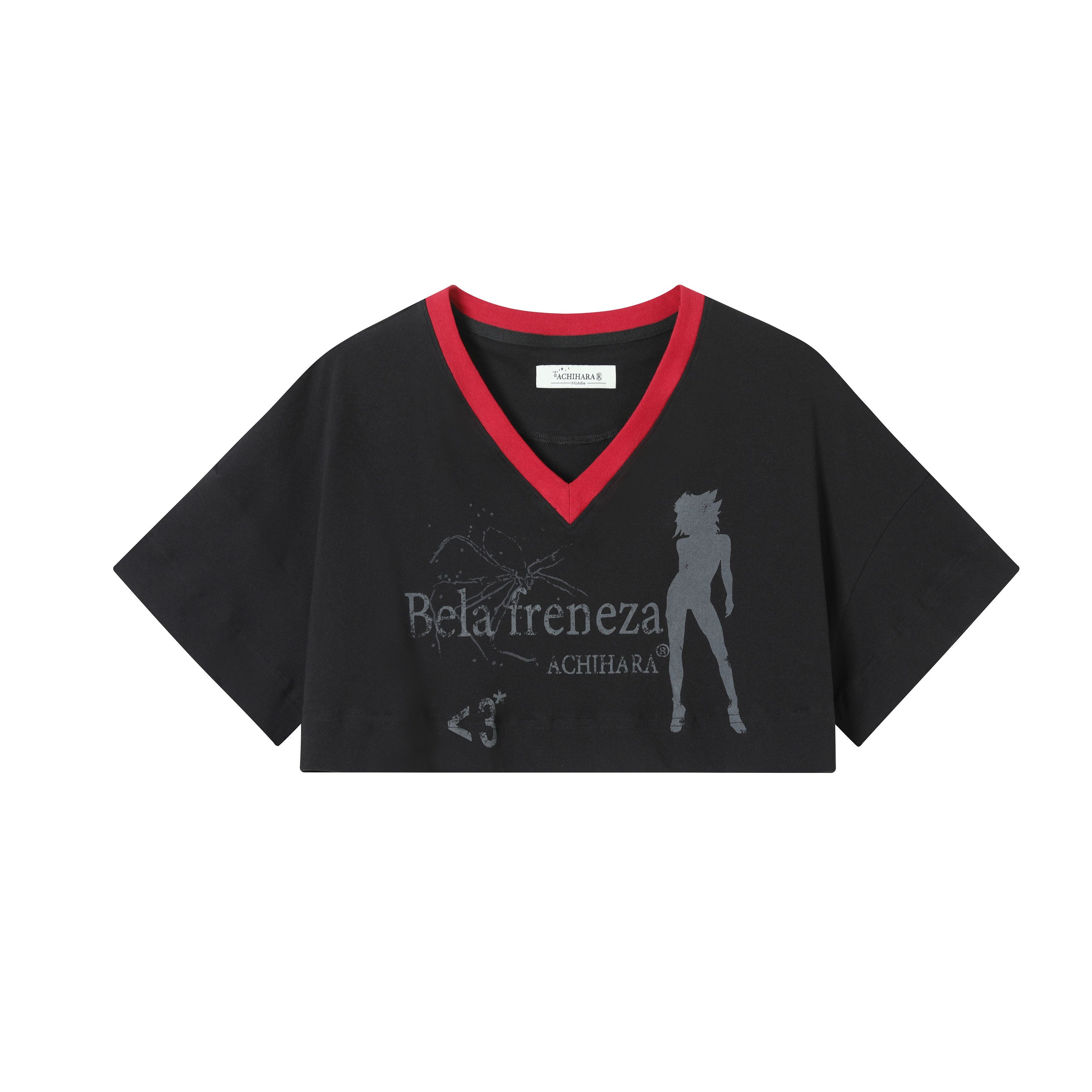 Achihara_Puff_Shoulder_V-neck_Cropped_Loose_Women'S_Cotton_Blend_Short_Sleeve_T-Shirts_MISSTT