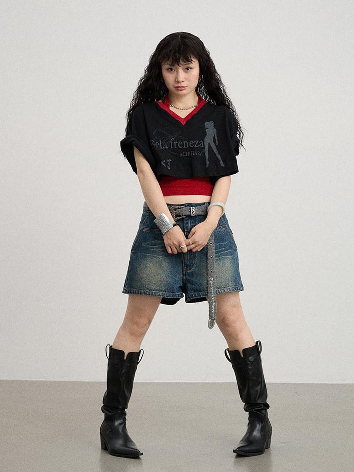 Achihara Puff Shoulder V-neck Cropped Loose Women'S Cotton Blend Short Sleeve T-Shirts