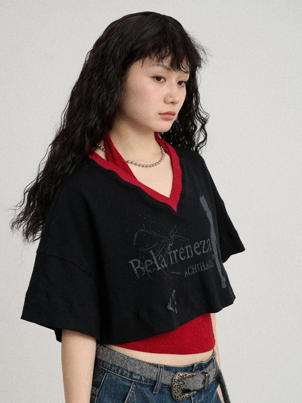 Achihara Puff Shoulder V-neck Cropped Loose Women'S Cotton Blend Short Sleeve T-Shirts