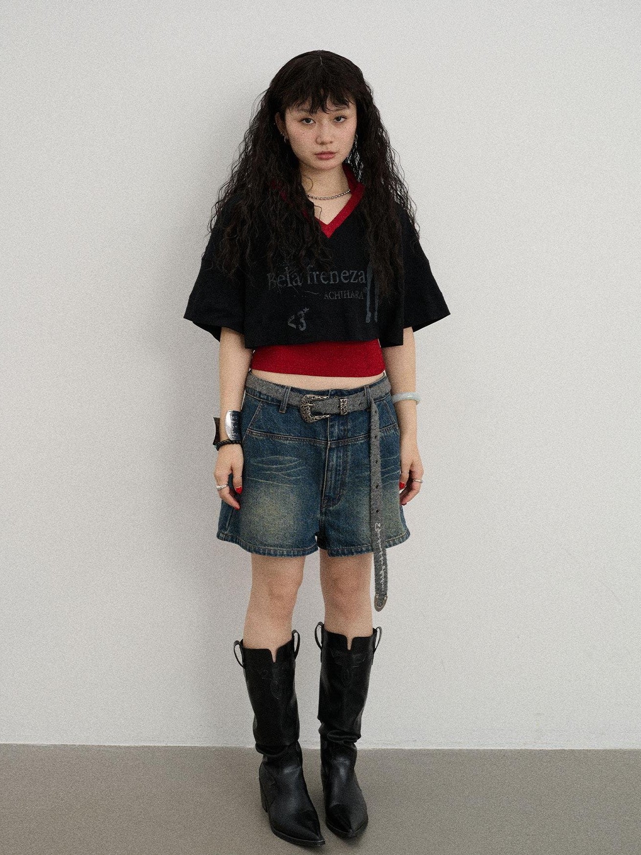Achihara Puff Shoulder V-neck Cropped Loose Women'S Cotton Blend Short Sleeve T-Shirts