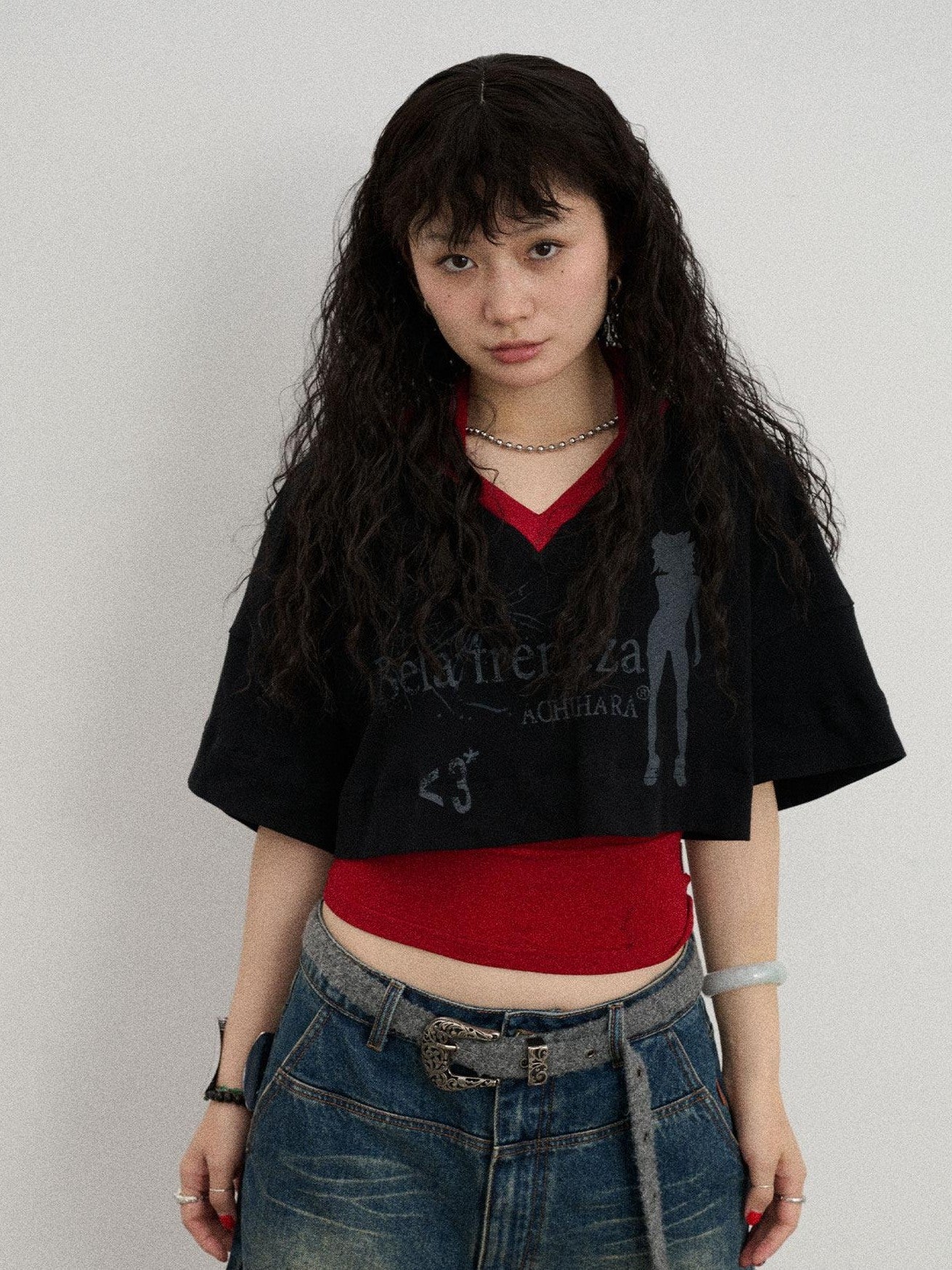 Achihara Puff Shoulder V-neck Cropped Loose Women'S Cotton Blend Short Sleeve T-Shirts