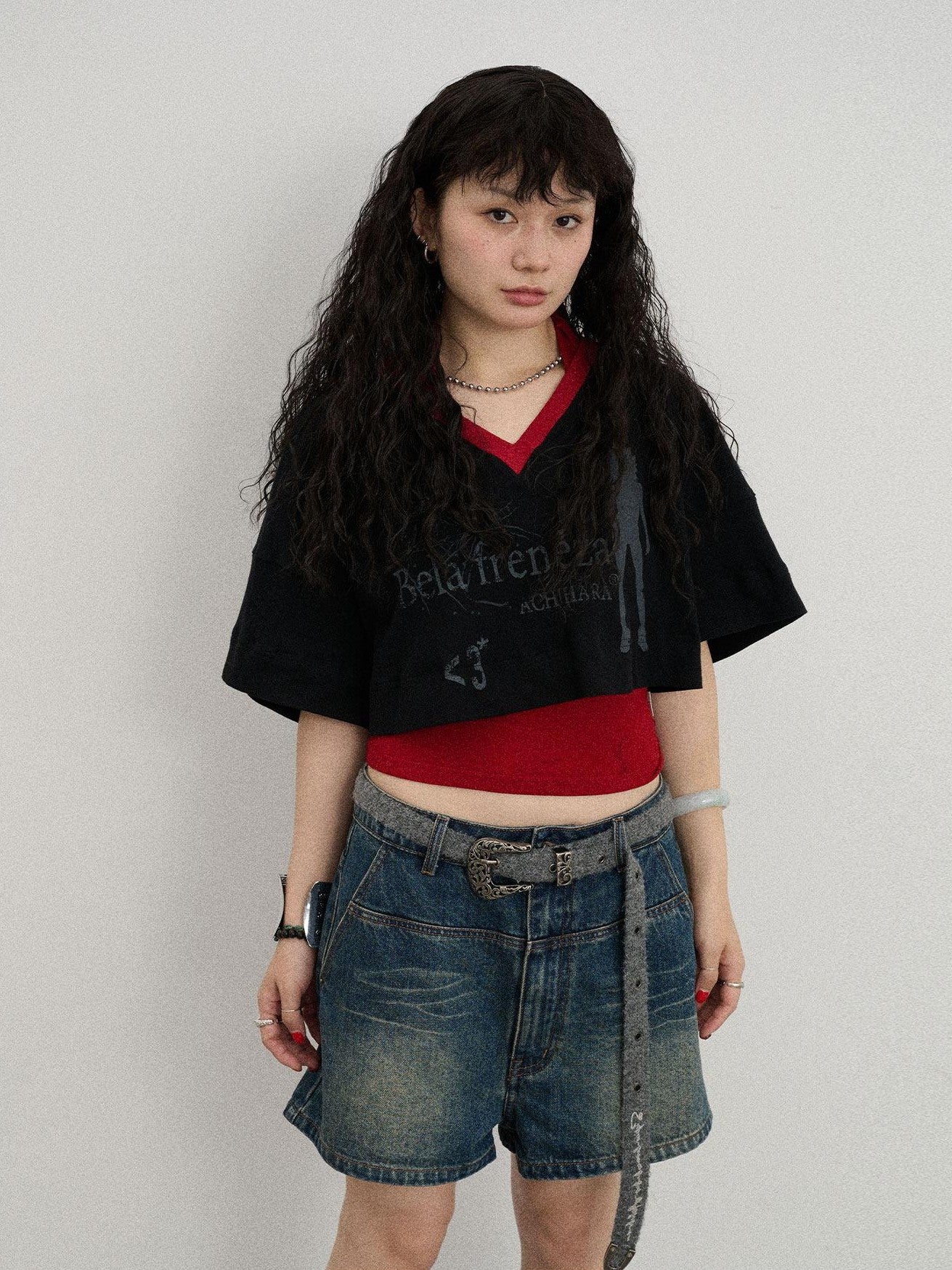 Achihara Puff Shoulder V-neck Cropped Loose Women'S Cotton Blend Short Sleeve T-Shirts
