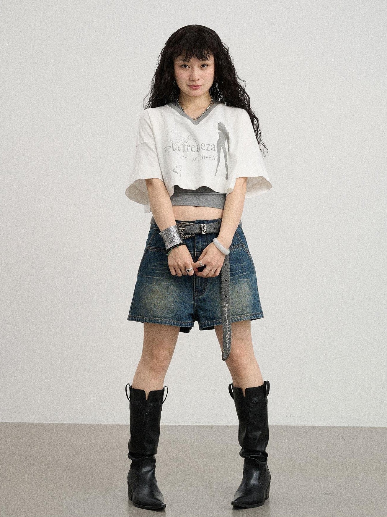Achihara Puff Shoulder V-neck Cropped Loose Women'S Cotton Blend Short Sleeve T-Shirts