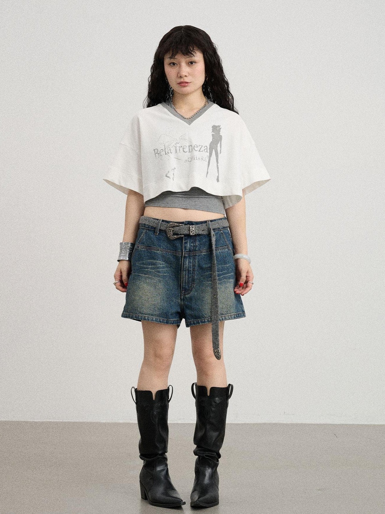 Achihara Puff Shoulder V-neck Cropped Loose Women'S Cotton Blend Short Sleeve T-Shirts